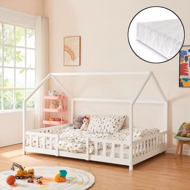 Letto per cameretta Sisimiut a forma di casetta con materasso in schiuma en.casa e neu.haus, legno di pino, Bianco, L/P: 120 x 200 cm
