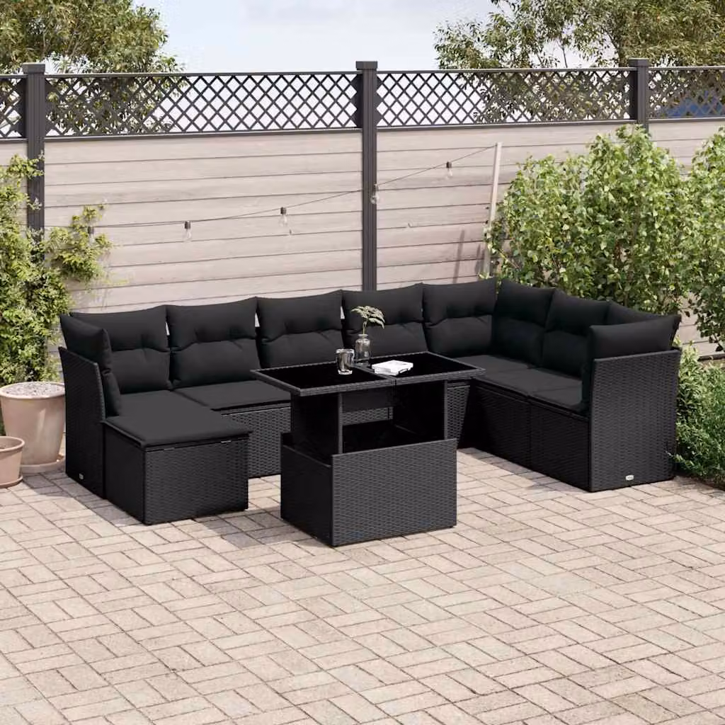 vidaXL Set Divani da Giardino 9 pz in Polyrattan Nero con Cuscini e Tavolino da Esterno – 1