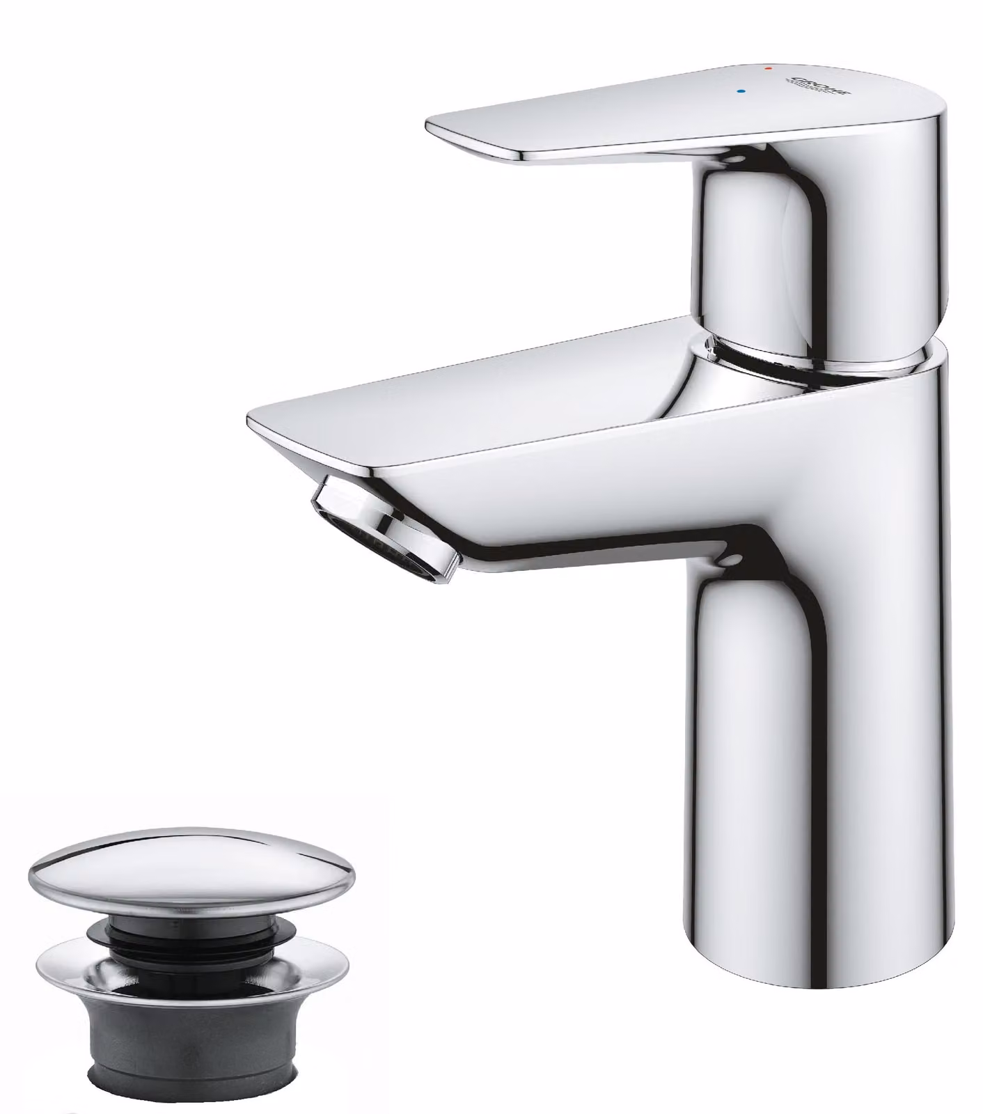 Miscelatore per lavabo, cromato, 15 cm, con tappo a spinta e scarico, monoblocco
