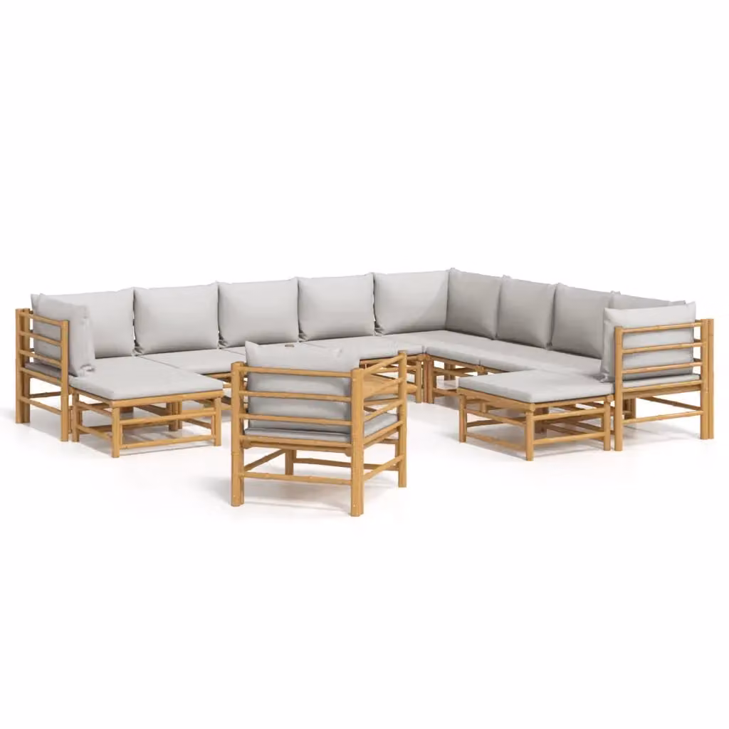 Set Salotto da Giardino a L vidaXL in Bambù con 12 Pezzi e Cuscini Grigio Chiaro – 2