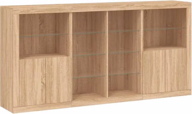Buffet credenza moderna con luci LED in rovere Sonoma e marrone, ideale per cucina o soggiorno, L 202 x P 37 x H 100 cm