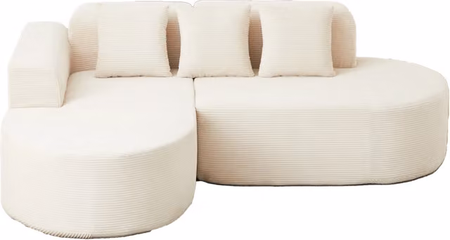 Divano modulare a L in morbido tessuto di velluto a coste, 220 cm, con schienale e braccioli curvi, ideale per soggiorno e area relax