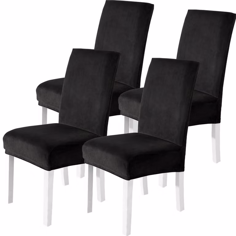 Copridivani in velluto, set da 4 pezzi, colore nero, elasticizzati, lavabili, adatti a poltrone alte e sedie a schienale curvo