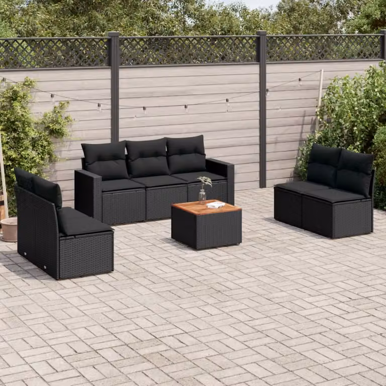 vidaXL Set Divani da Giardino a L in Polyrattan Nero con Cuscini e Tavolino da Esterno