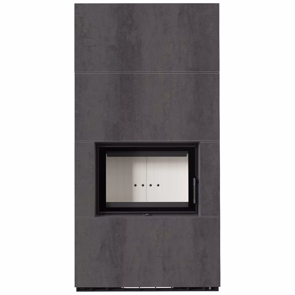 Kit camino KRATKI FLOKI BOX 8 kW Ø 160 quarzo sinterizzato NATURALI PIETRA DI SAVOIA ANTRANCITE BOCCIARDATA
