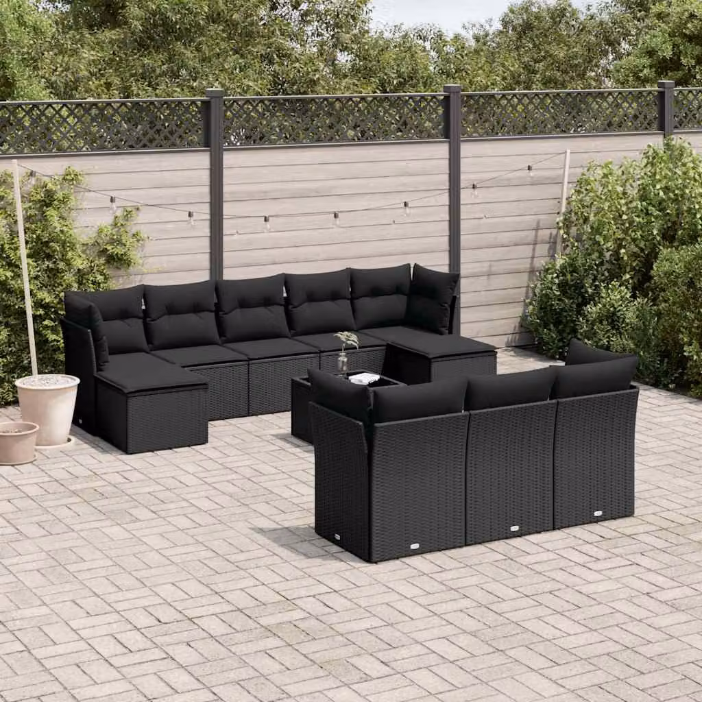 vidaXL Set Divani da Giardino 11 pz Moderno in Polyrattan Nero con Cuscini e Tavolino – 1