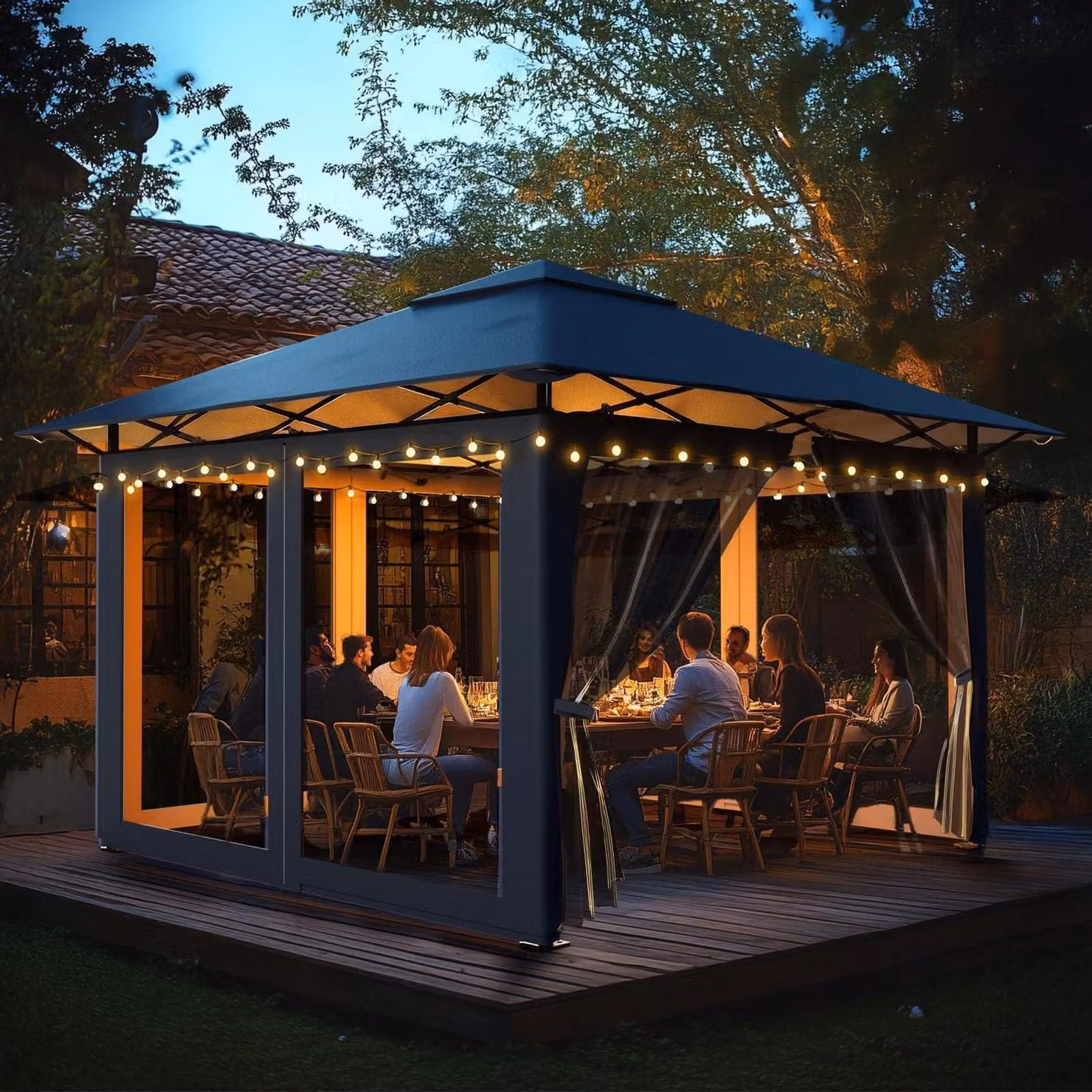 Gazebo da giardino 3x3 metri, colore antracite. Gazebo pieghevole con zanzariere, altezza regolabile, tessuto Oxford in metallo