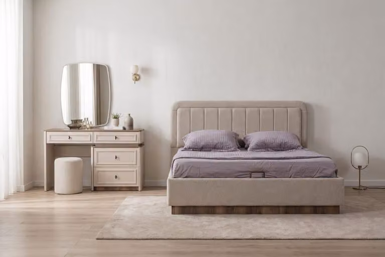 Set completo per camera da letto moderna: letto, comò, specchiera, pouf