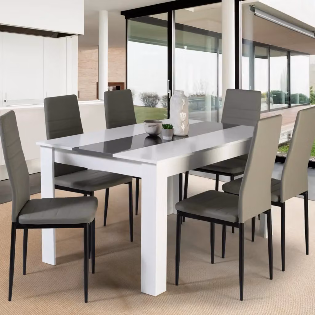 Set da pranzo IDMarket composto da tavolo rettangolare GEORGIA da 140 cm bianco e grigio e 6 sedie ROMANE grigie – 2