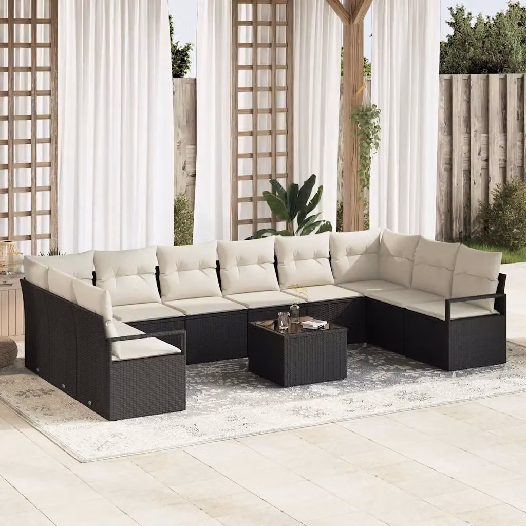 Set di divani da giardino vidaXL a forma di U composto da 11 pezzi in rattan nero con cuscini beige e struttura in acciaio nero – 1