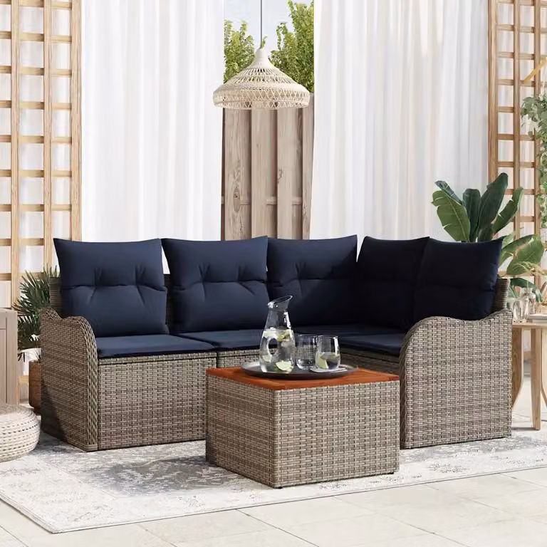 Set Divano da Giardino vidaXL 5 Pezzi a Forma di L Grigio con Cuscini e Tavolino in Polyrattan e Acciaio