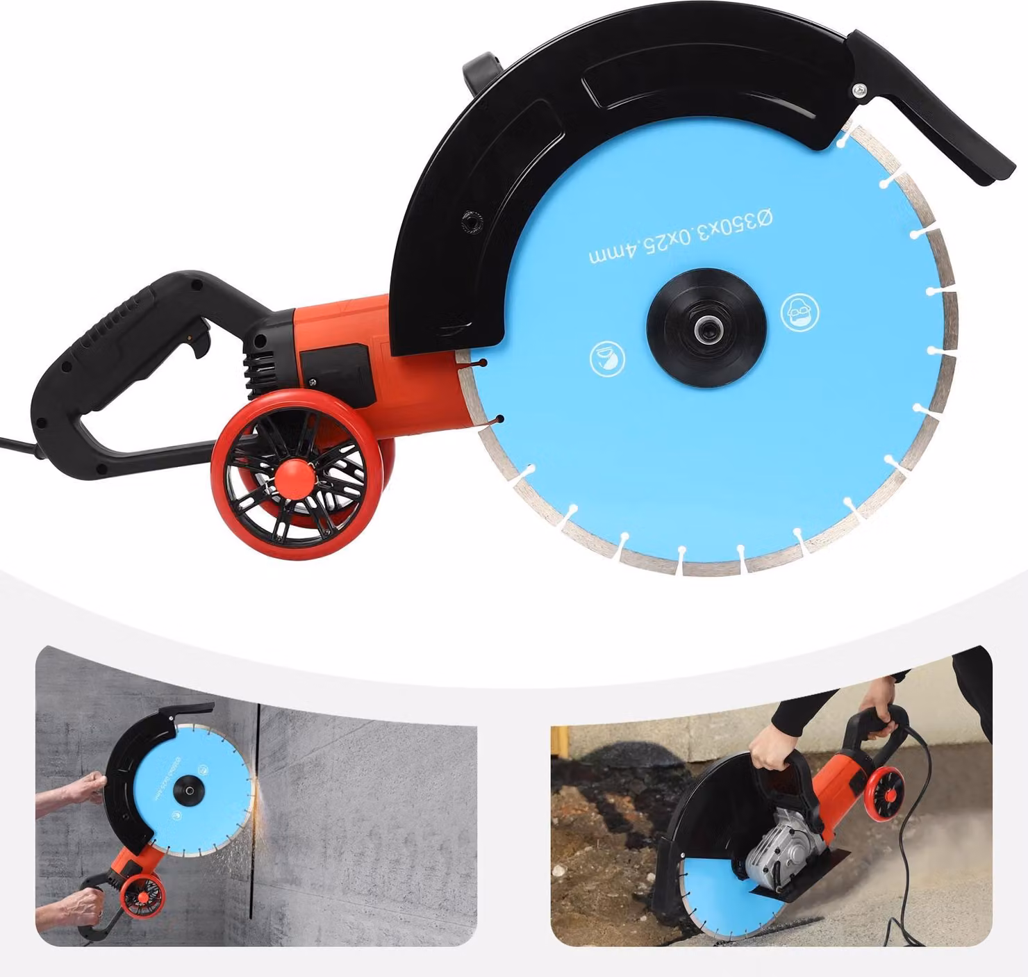 Sega elettrica per calcestruzzo - Sega circolare - 3500 W - 3800 giri/min - Alimentazione a rete - Senza batteria - Con lama e rullo di guida - Blu