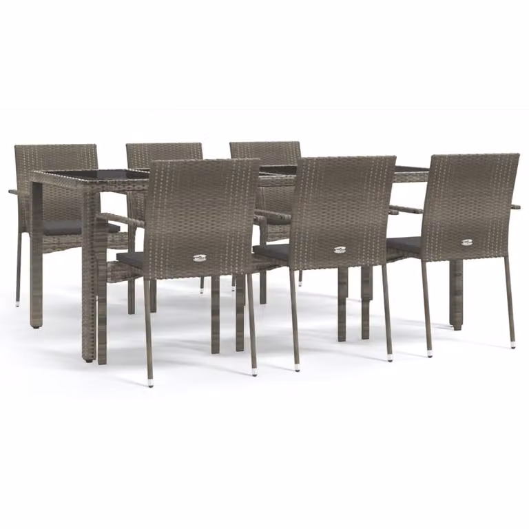 Set da Pranzo da Giardino 7 pz con Cuscini in Polyrattan Grigio