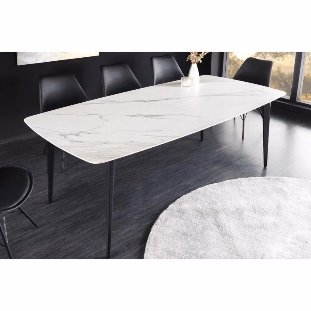 Tavolo da pranzo rettangolare Meublorama HEXA con piano in ceramica bianca lucida e struttura in metallo nero, L: 160 cm, P: 85 cm, H: 76 cm – 2