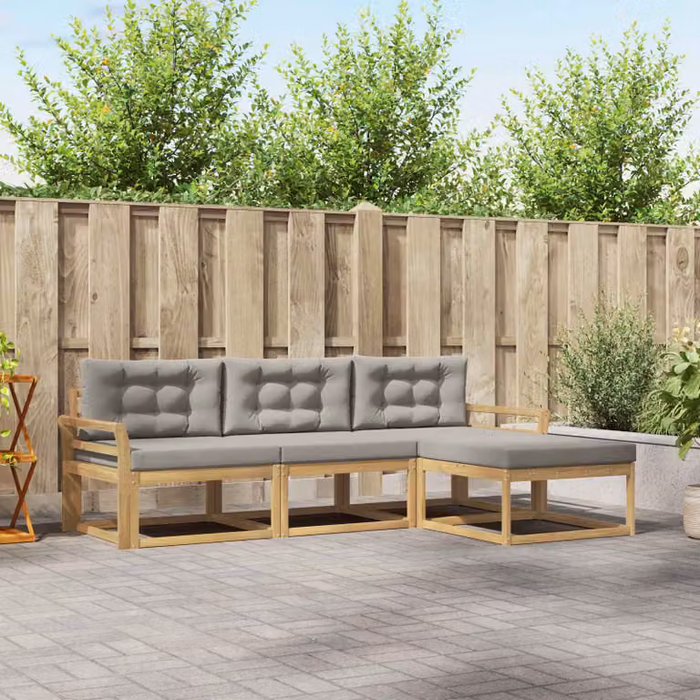 Set di divani da esterno vidaXL a forma di L con pouf, in legno di acacia e tessuto resistente ai raggi UV, Bianco e Grigio