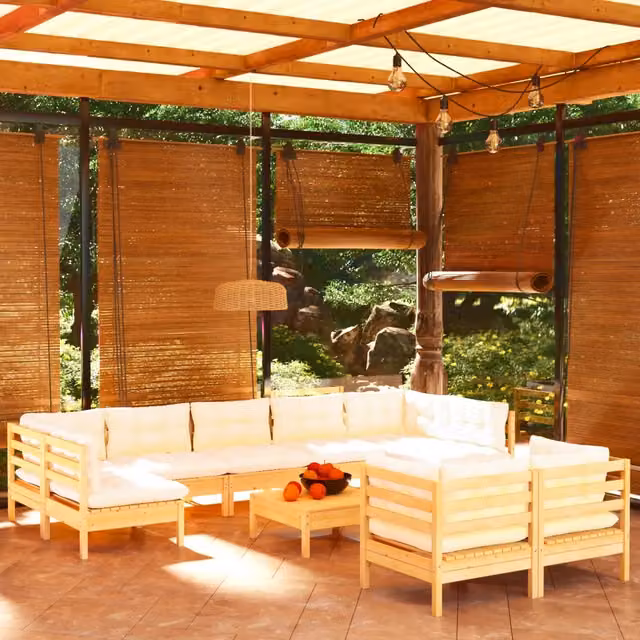 Set di divani da giardino a forma di U vidaXL in legno massello di pino con cuscini beige – 1
