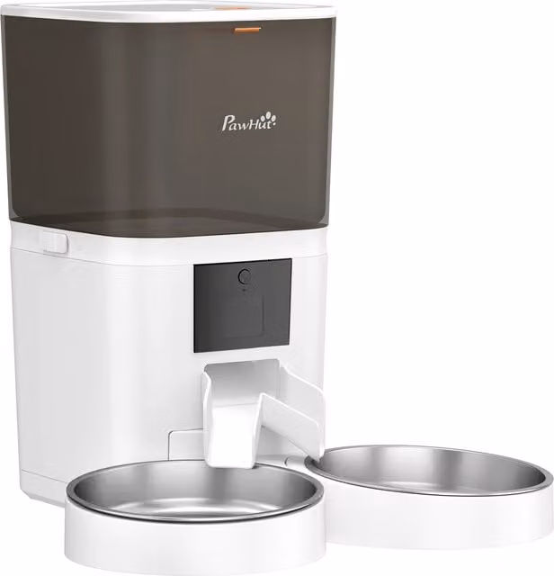Distributore Automatico di Cibo per Gatti PawHut Bianco con Controllo WiFi 2.4G tramite App, Timer per 1-10 Pasti al Giorno, Registratore di 10s e 2 Ciotole in Acciaio Inox, Capacità 6L