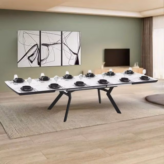 Tavolo allungabile Tezeta con piano effetto marmo bianco opaco e struttura in metallo, L: 160 cm, P: 100 cm, H: 76 cm – 1