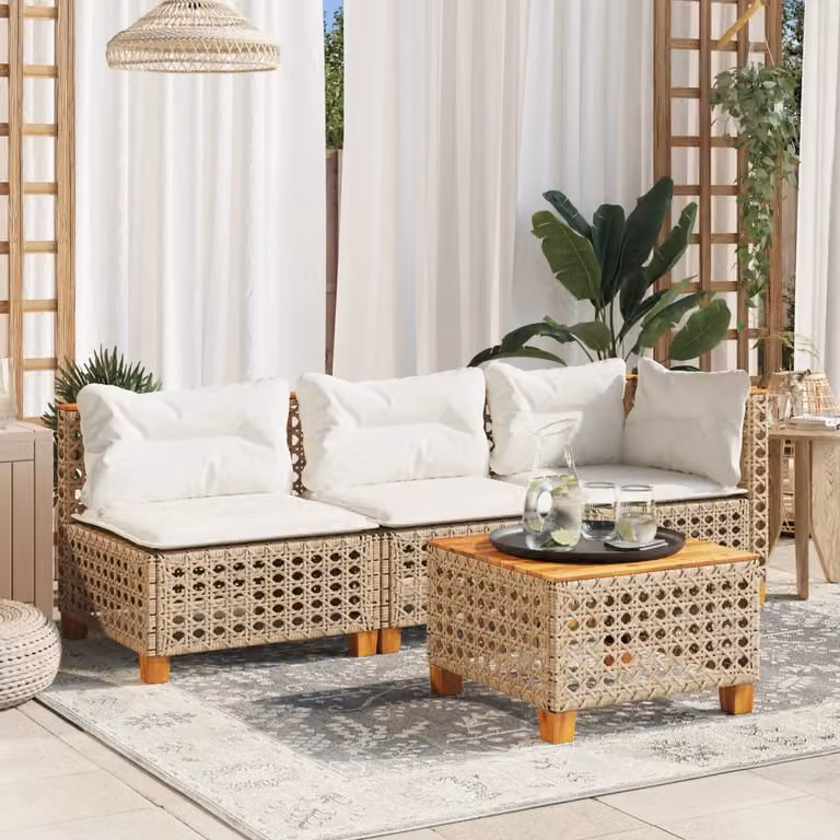 vidaXL Divano da Giardino a 3 Posti in Polyrattan con Cuscini Beige e Struttura in Legno di Acacia