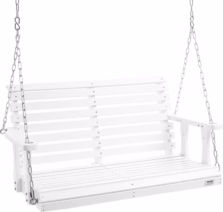 Altalena Hollywood in legno di cedro, 1240x710x600 mm, altalena per cortile e giardino, portata migliorata di circa 400 kg, robusta panca a dondolo con catene di sospensione per uso esterno, bianco