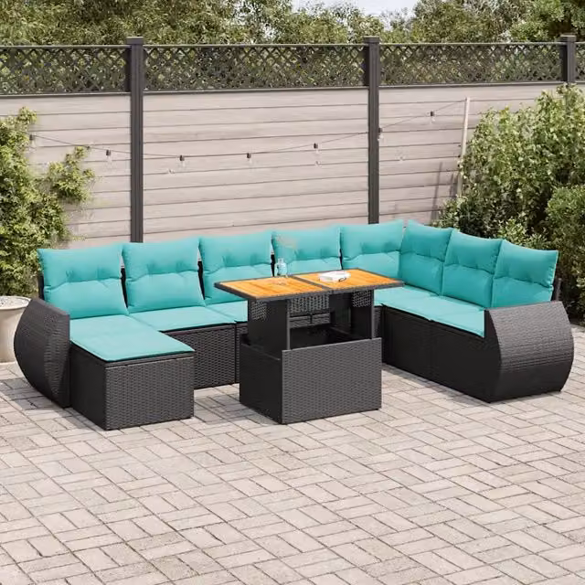 Set Divani da Giardino 9 pz con Cuscini Nero in Polyrattan 3327298