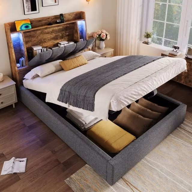 Letto singolo imbottito 90x200cm con ricarica LED e USB C in lino grigio