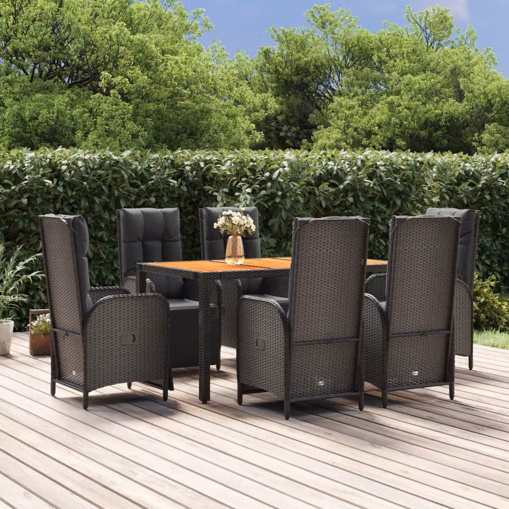The Living Store Set da pranzo da giardino 7 pezzi con cuscini in polirattan nero
