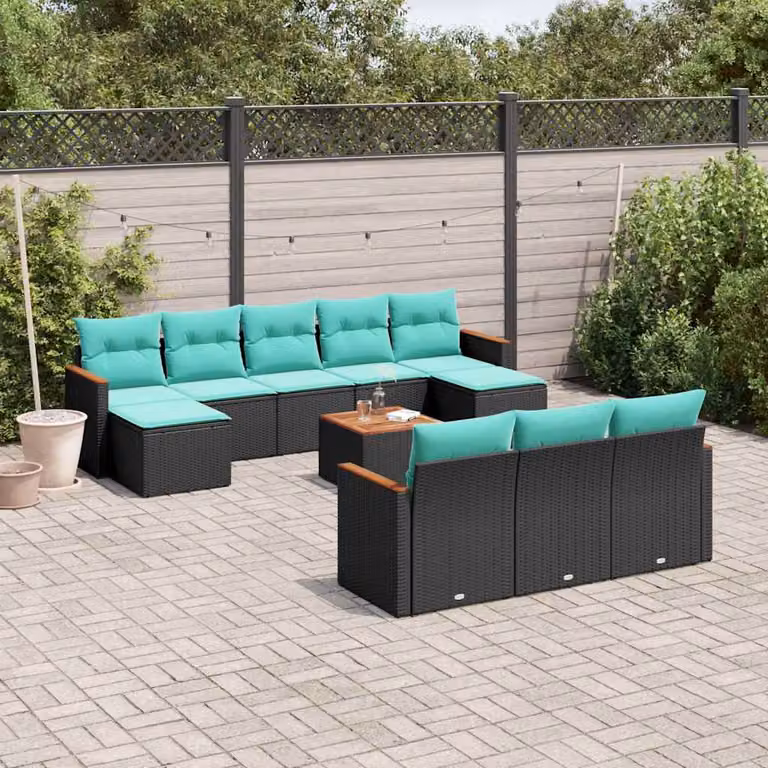 Set di divani da giardino vidaXL 11 pezzi in polyrattan con cuscini e tavolino, colore nero e blu turchese, design moderno a forma di U per esterno