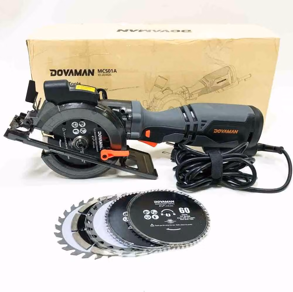 DOVAMAN Mini sega circolare, sega circolare portatile da 710 W 115 mm con laser, 3500 giri/min, impugnatura ausiliaria in metallo, profondità di taglio 43 mm (90°), 29 mm (45°), 6 lame, ideale per legno, metallo morbido, plastica, piastrelle - MCS01A