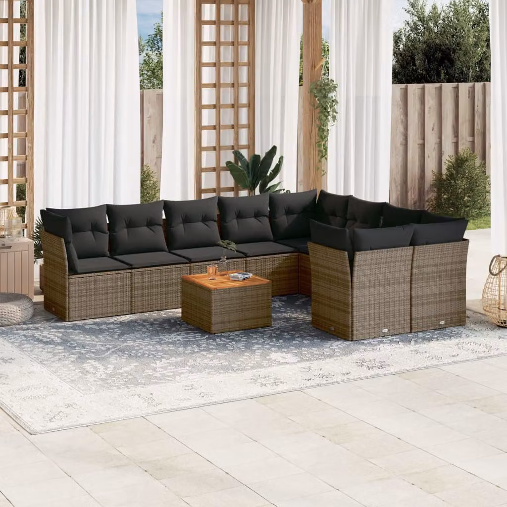 Set Divano da Giardino vidaXL 10 pz a Forma a L con Cuscini e Tavolino da Esterno in Polyrattan e Legno di Acacia, Grigio e Marrone – 1