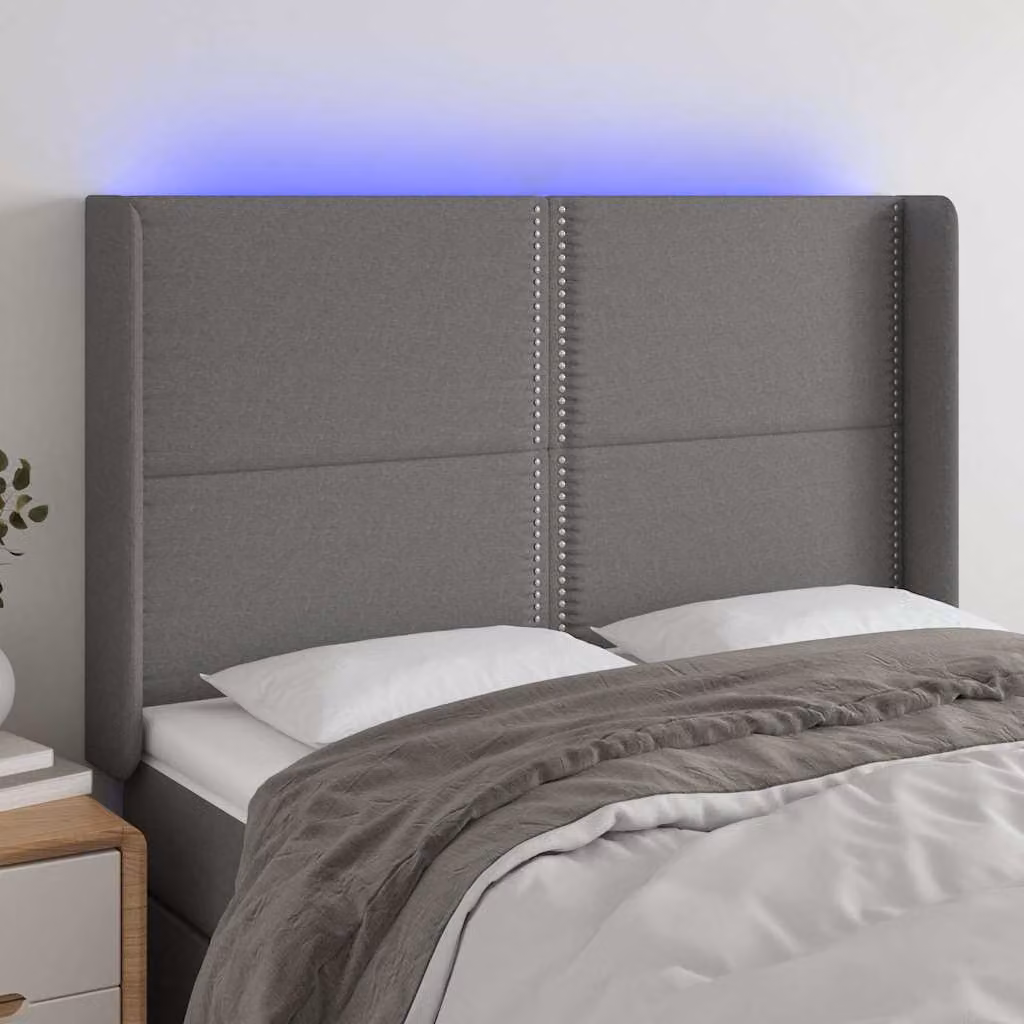 Testiera per letto con illuminazione LED e porta USB vidaXL in tessuto grigio, L: 147 cm, P: 16 cm, H: 118/128 cm