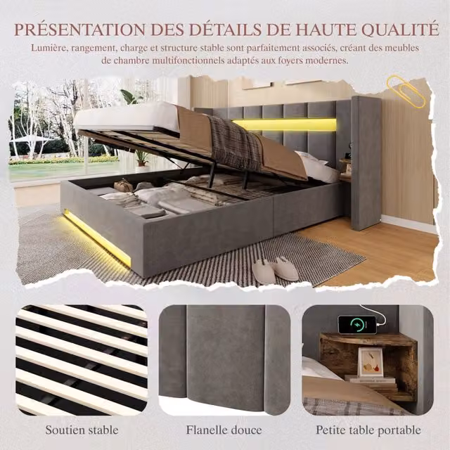 Letto contenitore imbottito in velluto con testiera retrò, 2 USB, LED e sollevamento idraulico, grigio scuro, 180x200 cm