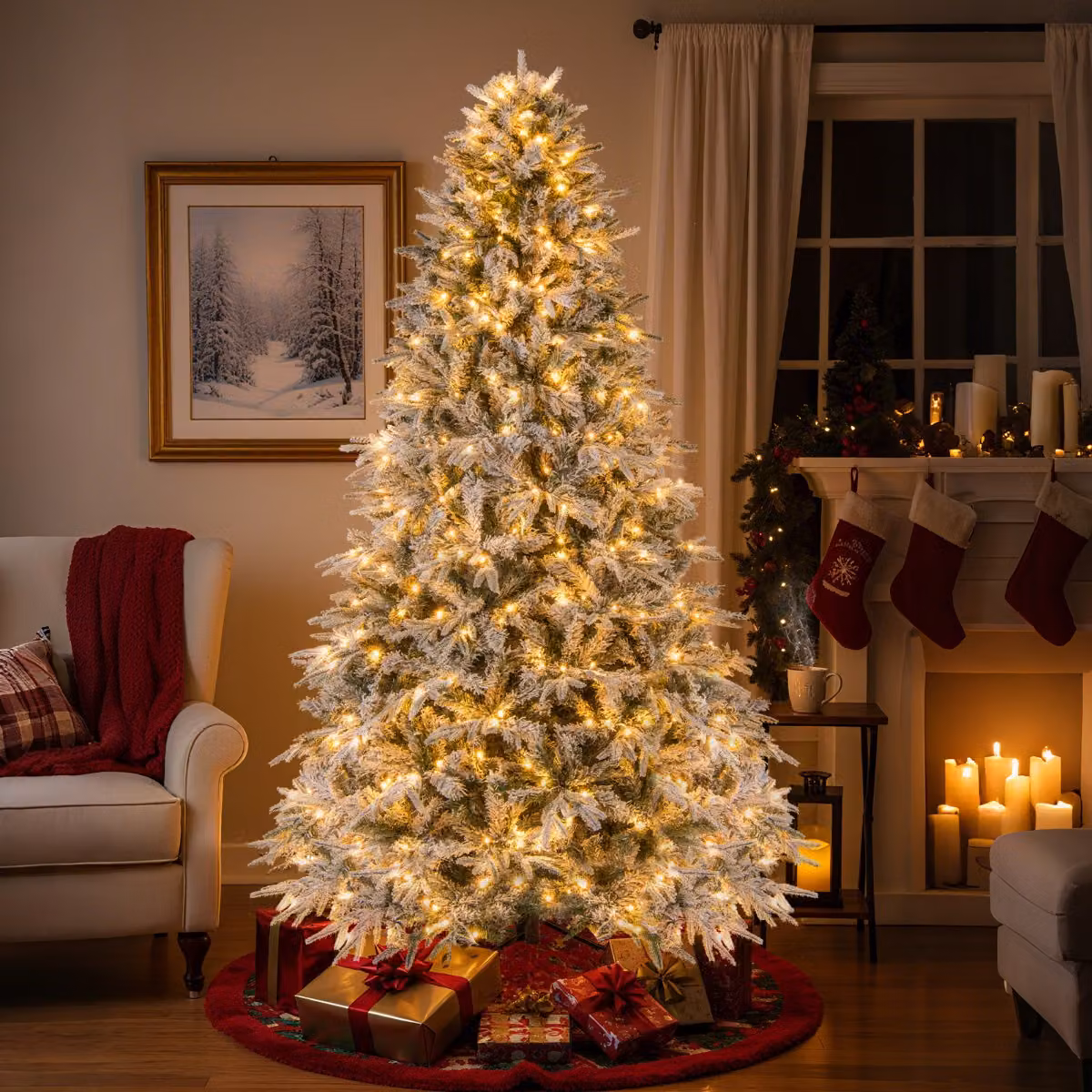 Albero di Natale artificiale innevato Costway con 460 luci LED bianco caldo, struttura in metallo e PVC, colore verde, Altezza: 240 cm