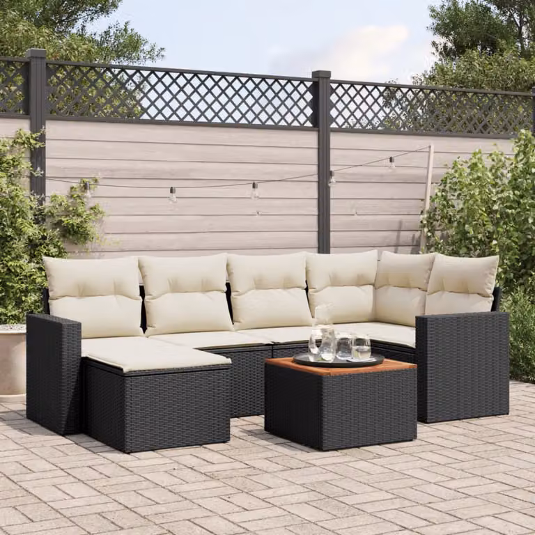 Set Divani da Giardino a L vidaXL in Polyrattan Nero con 7 Cuscini Imbottiti e Tavolino