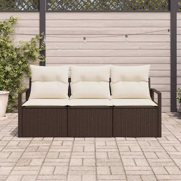 Set di divani da giardino 3 pezzi vidaXL in rattan marrone con cuscini inclusi e struttura in acciaio rivestito in polvere