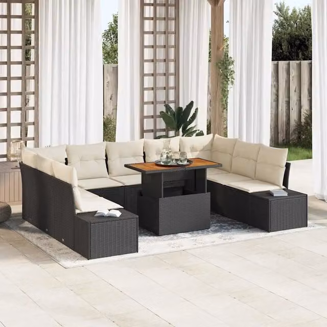 Set Divano da Giardino 10 pz Nero e Crema 3350005