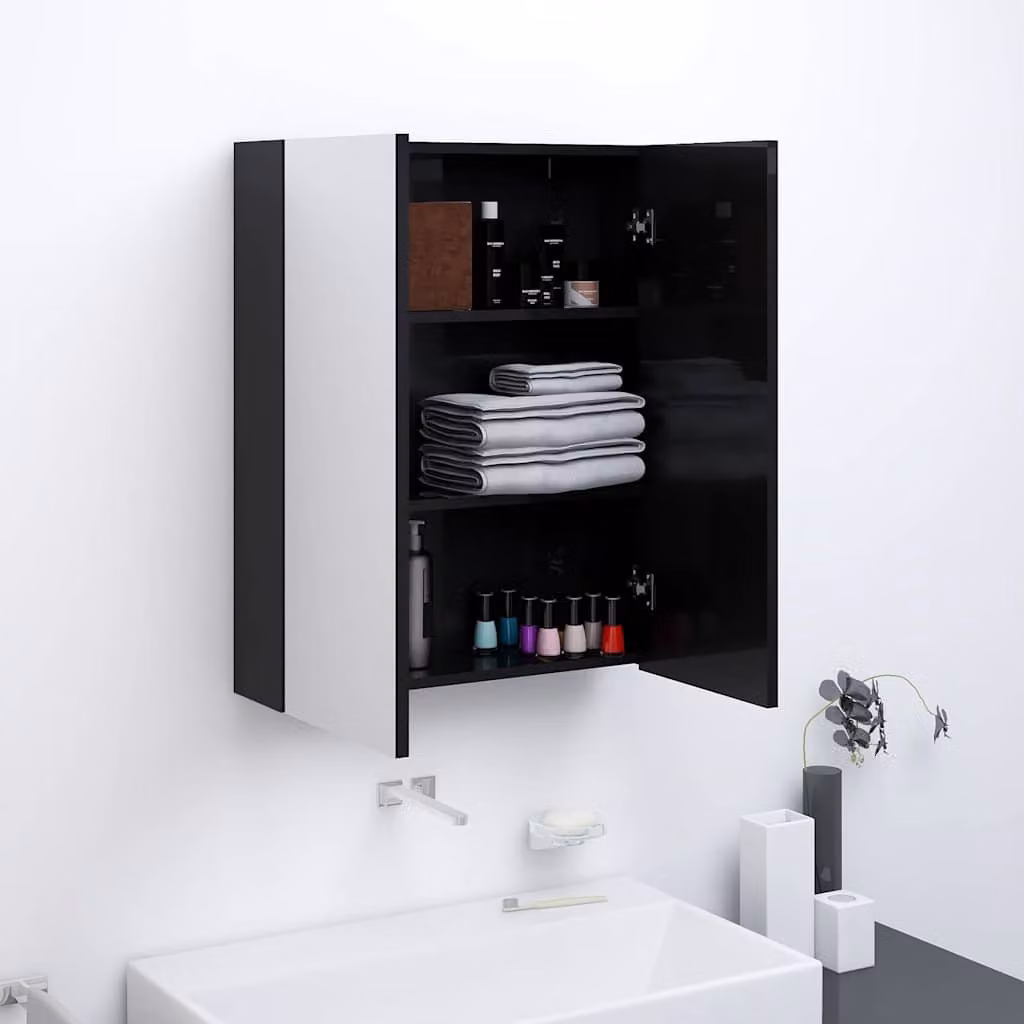 Armadietto a specchio da bagno vidaXL moderno in MDF nero lucido con ante a battente e ripiani interni, L: 60 cm, P: 15 cm, H: 75 cm