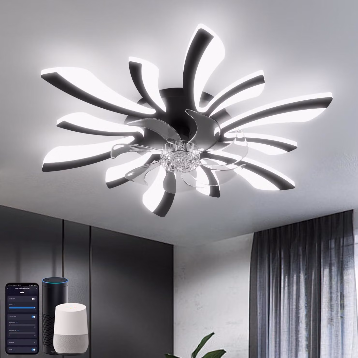 Ventilatore da soffitto intelligente YUNLONG HLF-002 con lampada Wi-Fi, nero