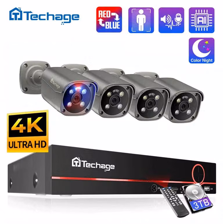 Sistema di telecamere Techage a 8 canali, con risoluzione da 5MP, 8MP e 4K, con tecnologia PoE, audio bidirezionale, visione notturna a colori e rilevamento intelligente dei volti tramite intelligenza artificiale. Set completo per sistema di videosorvegli