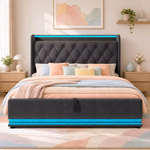Letto contenitore Mivray con testiera imbottita in lino grigio, illuminazione LED, porte USB e Type-C, L/P/H: 140 x 200 x 154 cm