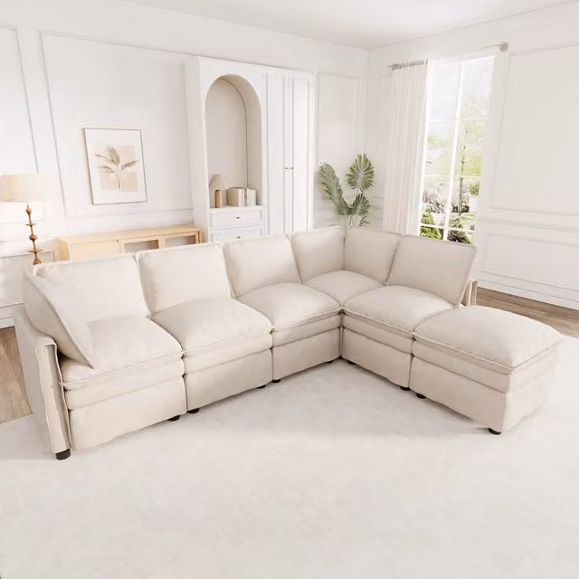 Divano panoramico modulare a L MIVRAY beige con funzione letto, ottomana coordinata e coperture rimovibili per soggiorno, camera da letto o ufficio