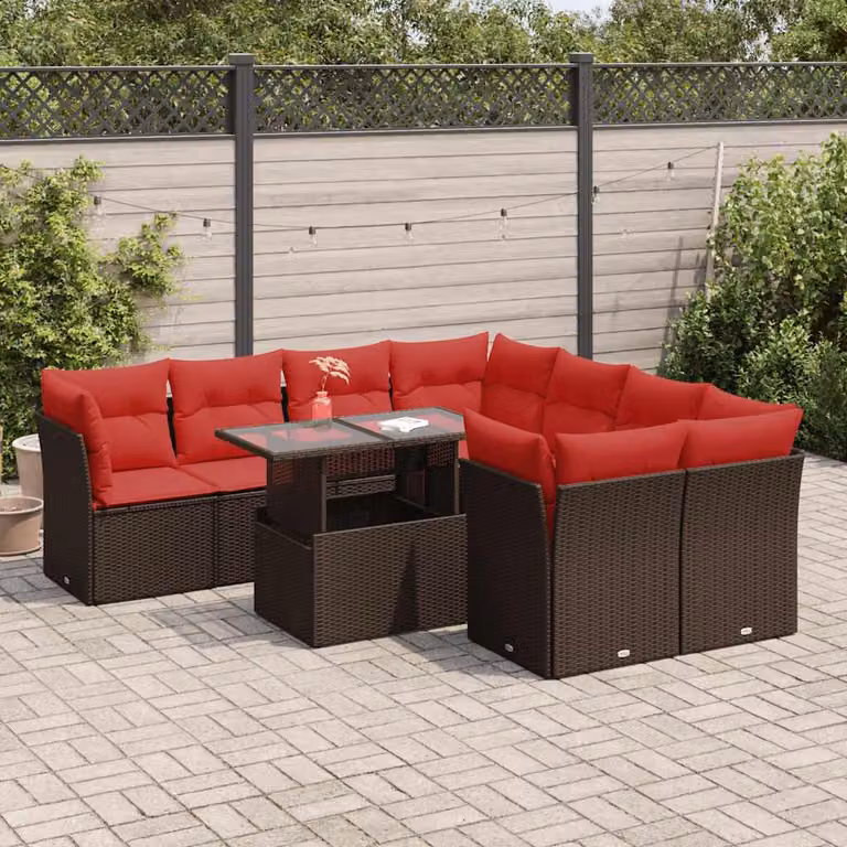 Set di divani da giardino vidaXL in polyrattan marrone con cuscini e tavolino da esterno a forma di L