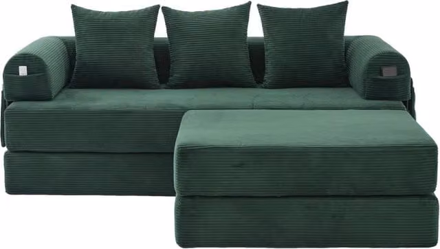 Divano modulare in velluto a coste verde smeraldo con poggiapiedi e struttura metallica robusta, 200x190x67 cm
