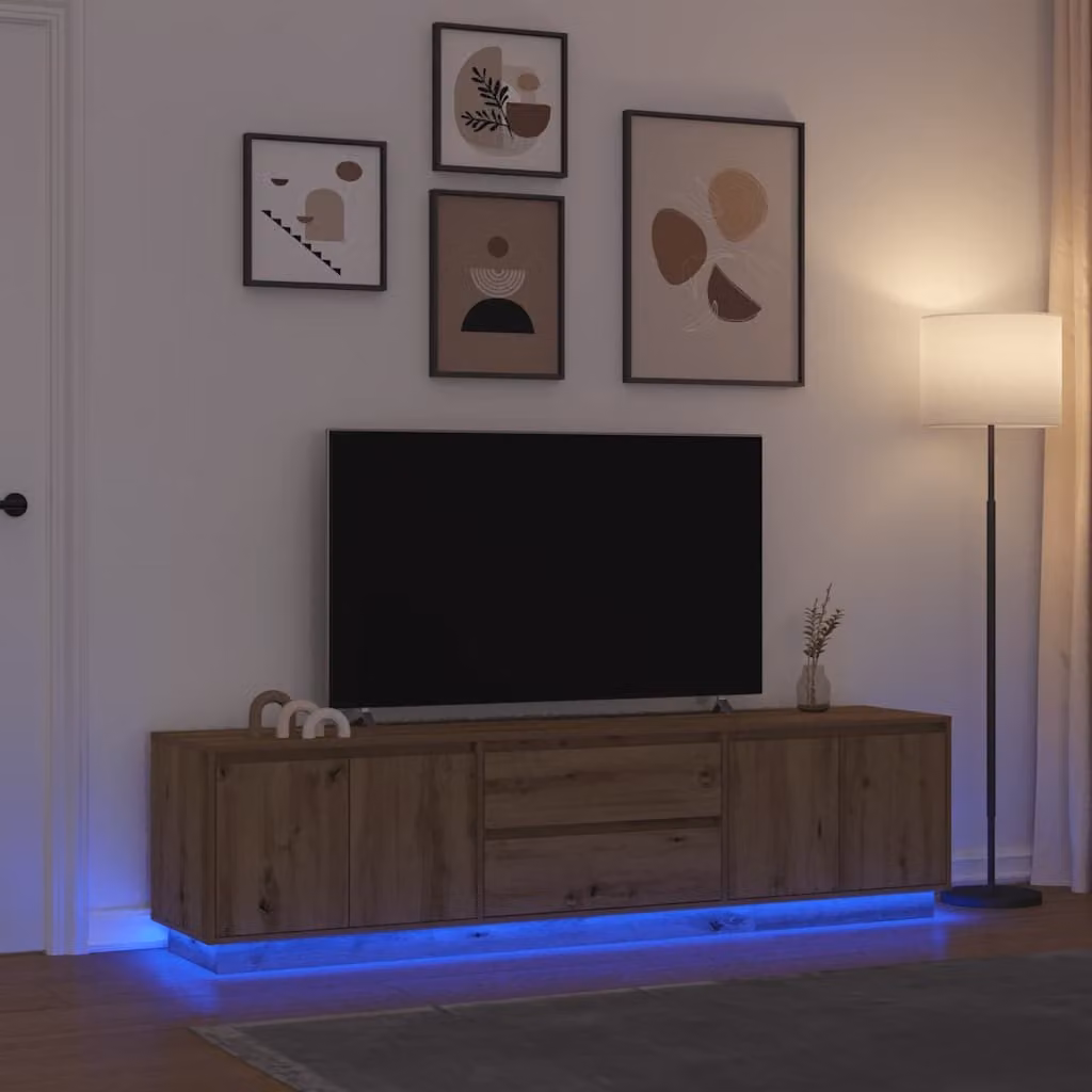 Mobile Porta TV vidaXL con Luci LED in Rovere Artigianale e Colore Marrone, L: 193,5 cm, P: 41 cm, H: 50 cm