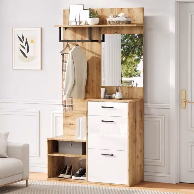 Set di mobili da ingresso MIVRAY con specchio, panca e 2 armadietti, stile scandinavo, bianco e naturale, L/P/H: 100 x 38.5 x 190 cm – 1