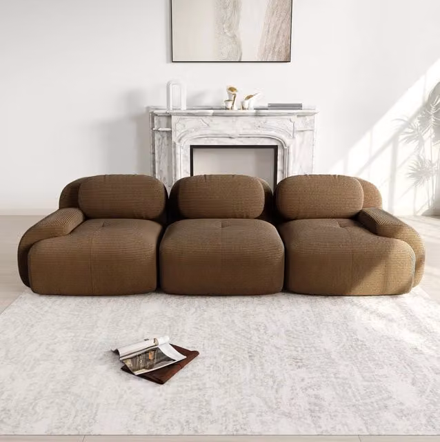 Divano 3 posti 298x103x70 cm in tessuto a coste marrone, modulare, per salotto –