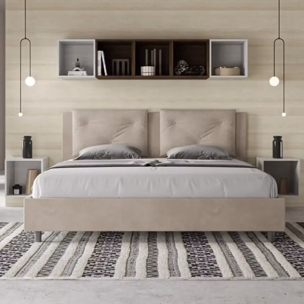 Letto Appia Ityhome con rete imbottita in microfibra colore sabbia L/P: 180 x 200 cm, H: 110 cm, H: 195 cm, H: 212 cm – 2