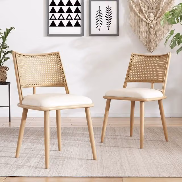 Set di 4 sedie da pranzo in rattan; seduta in PU; beige