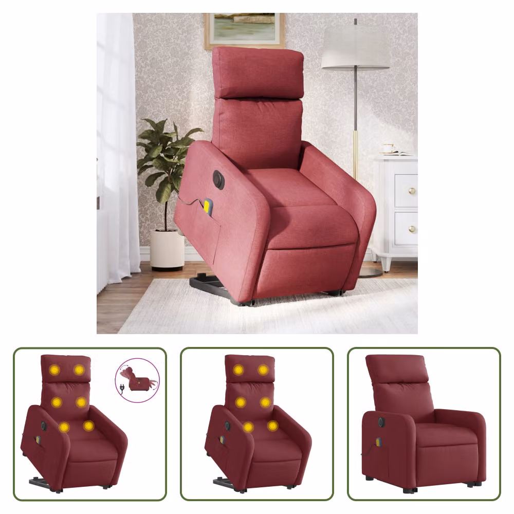 The Living Store Poltrona massaggiante elettrica con ausilio per l'alzata Tessuto rosso vino