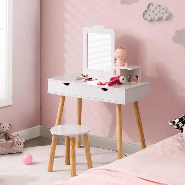 Costway Postazione trucco 2 in 1 per bambina con toeletta, sgabello e specchio rettangolare in legno bianco